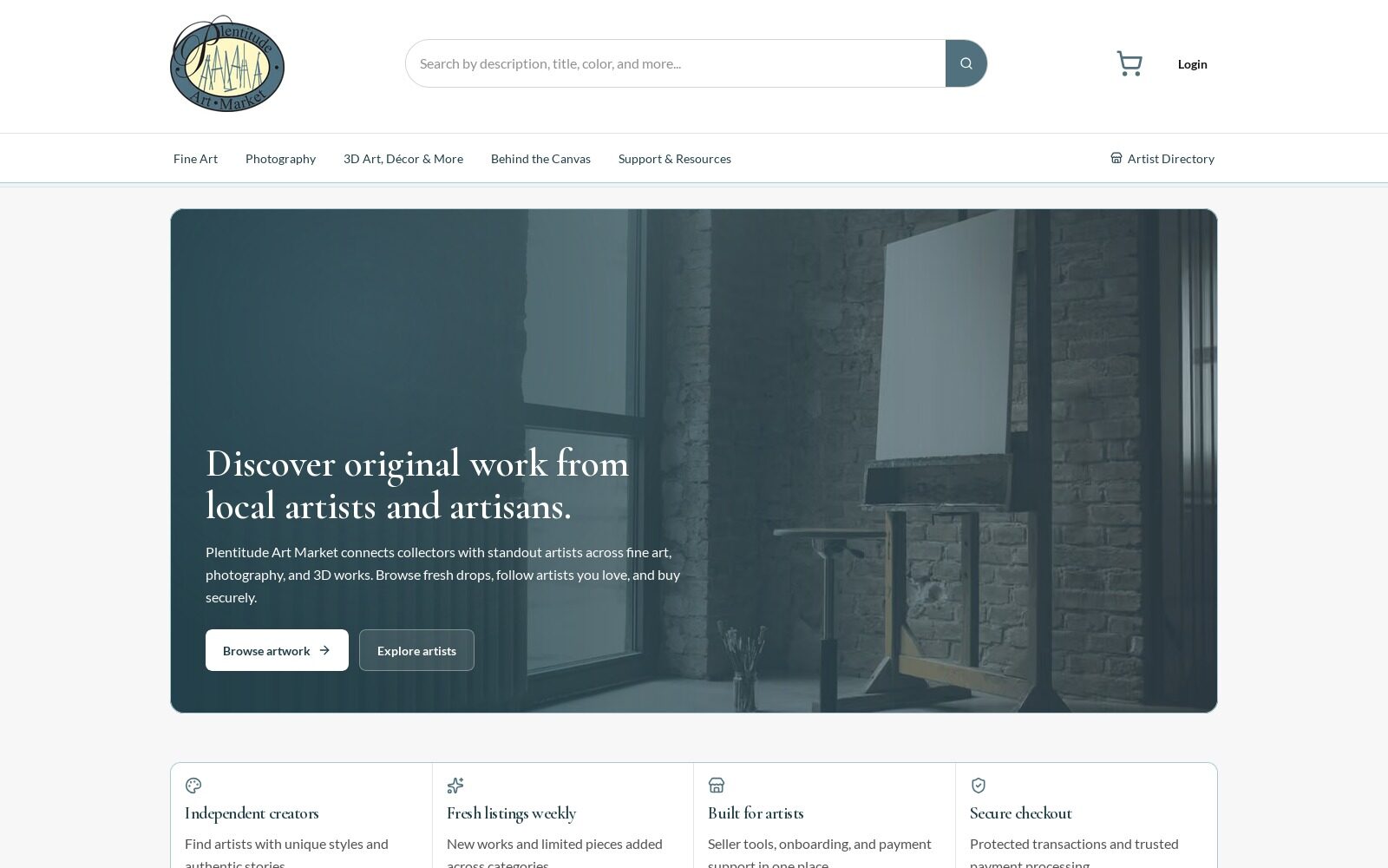 The Plentitude Art Market marketplace homepage